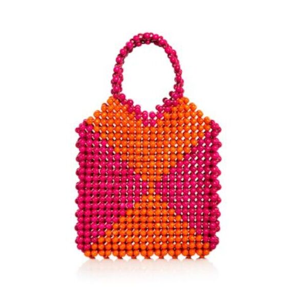 AQUA Handbags - AQUA Women's Pink Beaded Wood Colorblock Double Flat Strap Tote Handbag Purse